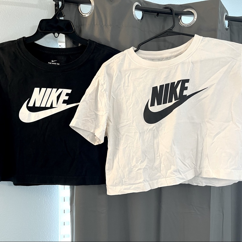 Two white and black cropped tees